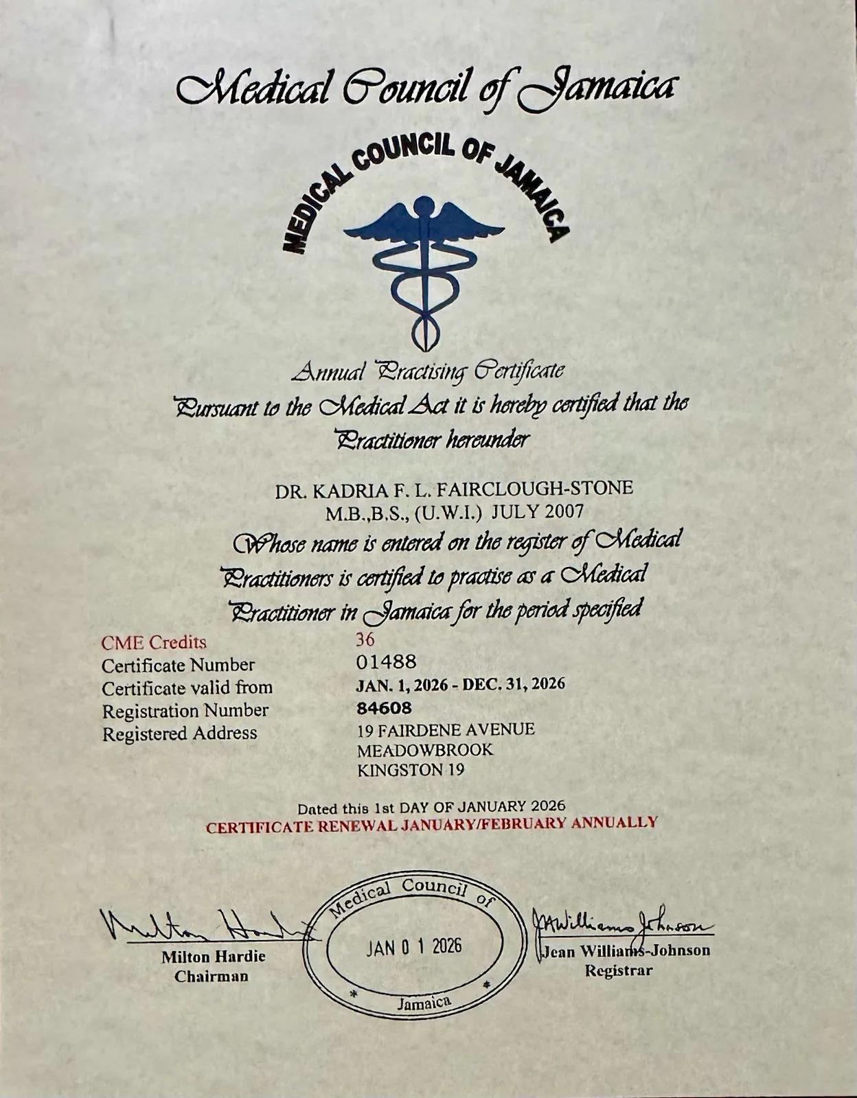 Medical Council of Jamaica — Annual Practising Certificate 2026